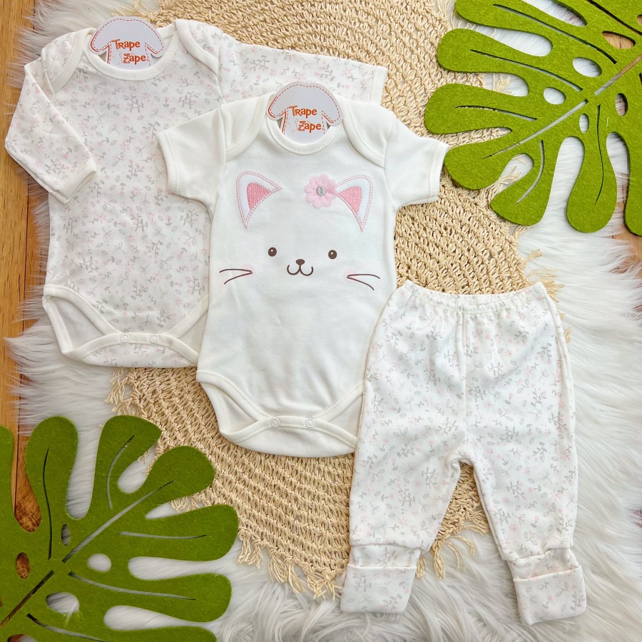 CONJ. DE MALHA 3 PEÇAS-Gatinha com Florzinha - Off White e Rosa